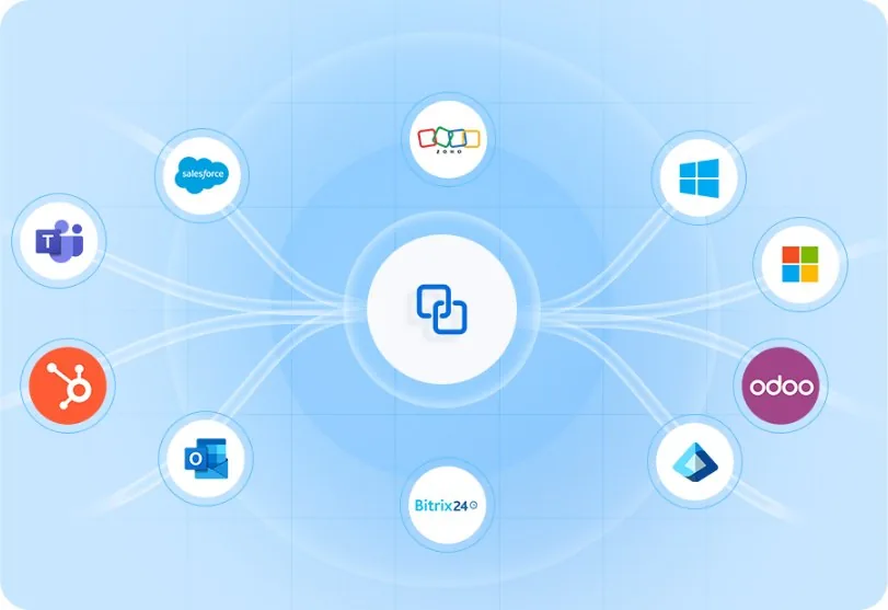 Logos des applications intégrées à Yeastar : Teams, Outlook, Salesforce, HubSpot, Zoho, Odoo