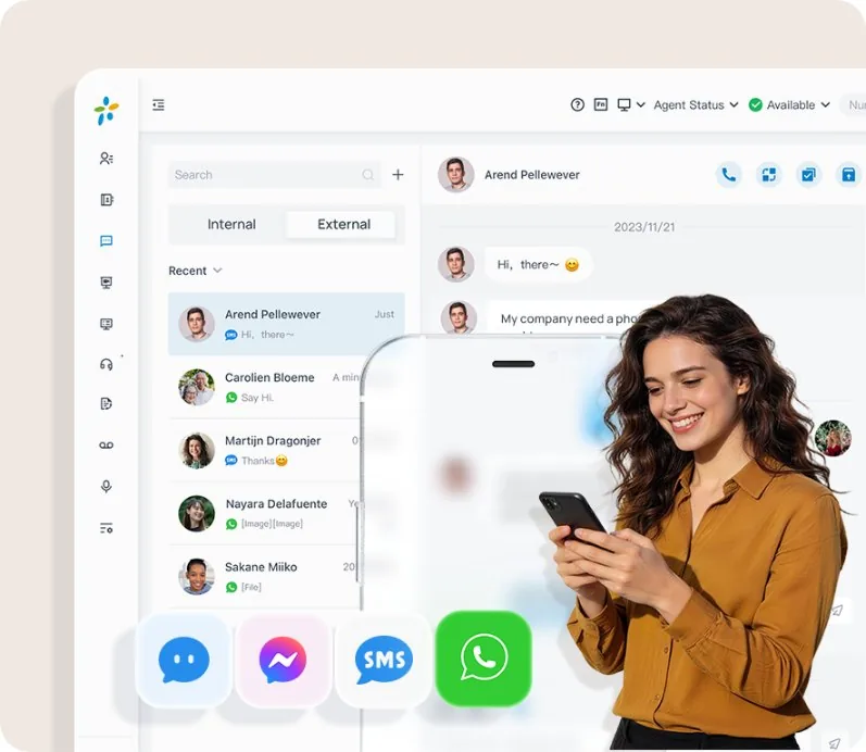 Boîte de réception Yeastar réunissant WhatsApp, SMS et chat